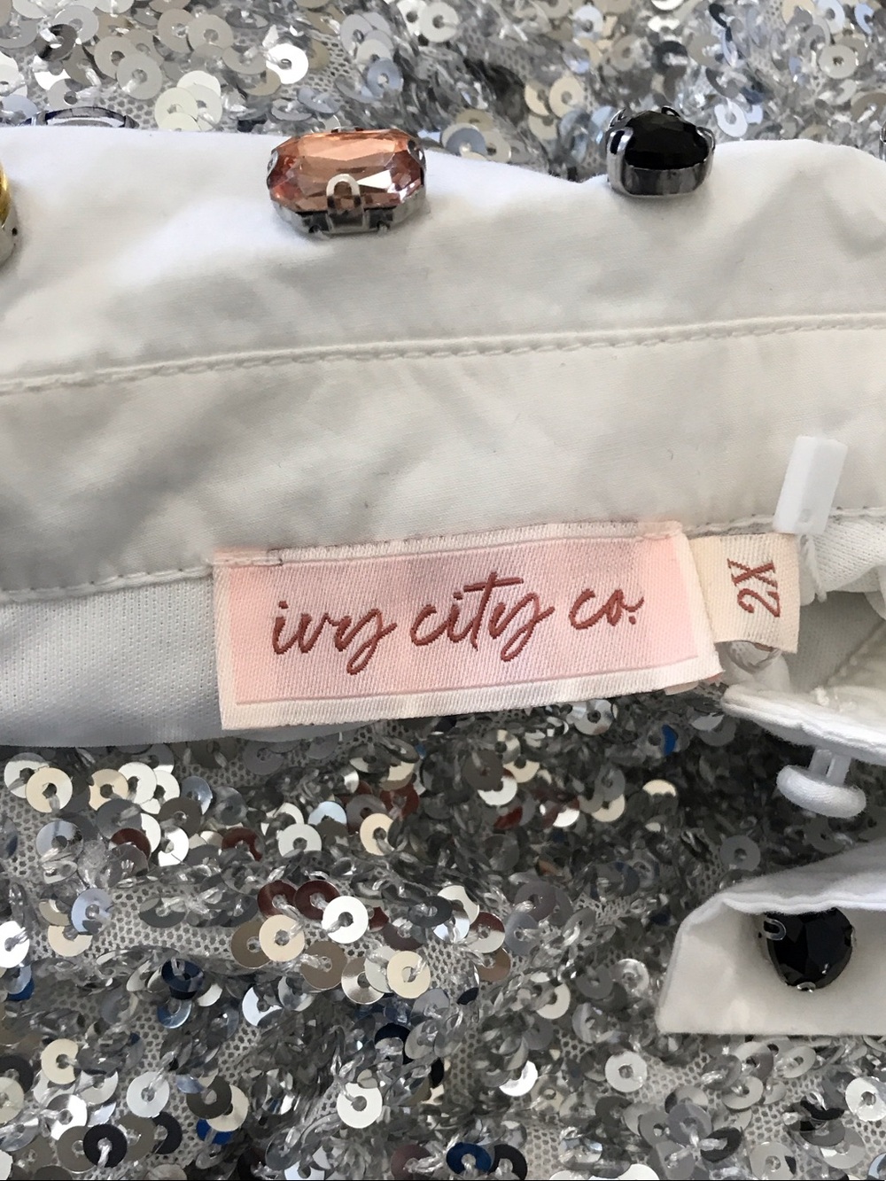 Ivy City Co Silver and Gold Sequin Short Sleeve Top with Embellished Collar - Picture 3 of 4
